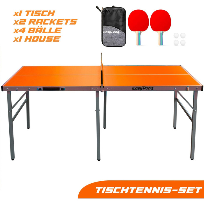 Стіл для настільного тенісу EasyPong Orange 182x91 см, преміум-якість, для дому та вулиці, з ракетками та м'ячами, легкий та міцний