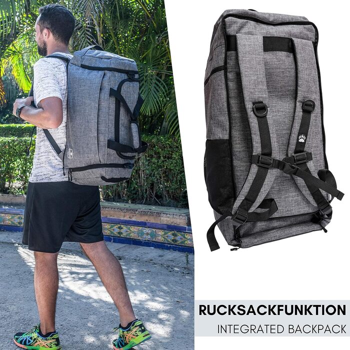 Спортивна сумка Bearformance Ultimate 50L з рюкзаком, відділенням для взуття та вологих речей, сіра, з переробленого PET, для тренажерного залу, подорожей, чоловіків і жінок