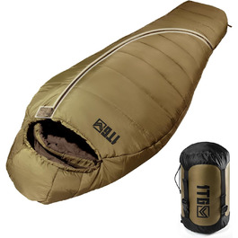 Тактичний спальний мішок 4 сезони 1TG Ranger Green/Coyote Brown, для дорослих, компактний та теплий, для кемпінгу, трекінгу, подорожей (до 185 см)