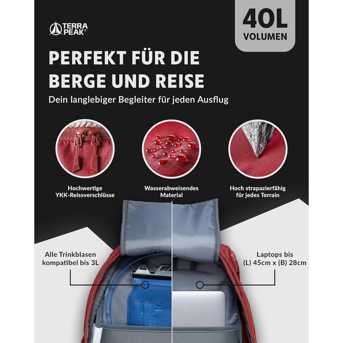 Туристичний рюкзак 40 л Flex 40 Premium із вентиляцією спини, дощовиком і кріпленням для питної системи, трекінговий рюкзак з дихаючої 3D Air Mesh тканини, для походів, з поясом на стегна, темно-червоний