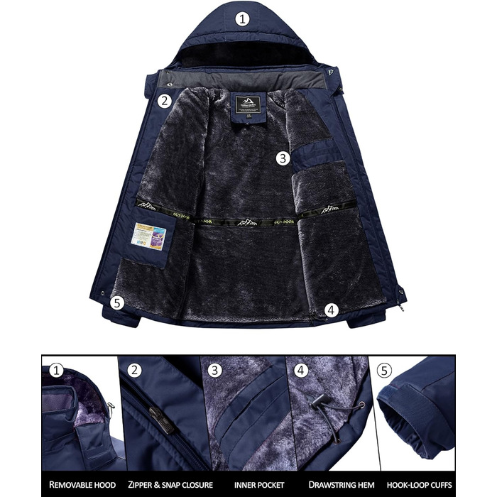 Зимова куртка KEFITEVD для чоловіків, водонепроникна, тепла, з підкладкою, для катання на лижах, спортивна, вітронепроникна, дихаюча, функціональна з відстібаною капюшоном (M, Темно-синій)