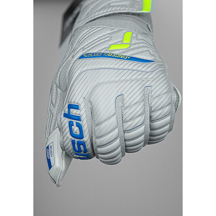 Воротарські рукавички Reusch Attrakt Finger Support для дорослих, з зовнішнім швом і захистом пальців, універсальні для всіх типів футбольних полів, сірі-блакитні-жовті, розмір 10