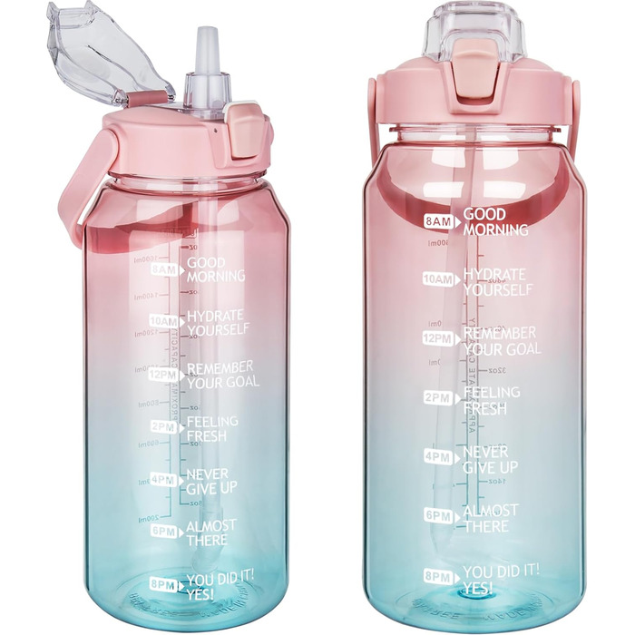 DEARRAY 2л пляшка для води Tritan з соломинкою та тайм-маркерами, BPA-free, мотиваційна, спортивна, для фітнесу, тренажерного залу, походів, прозора, рожево-бірюзова