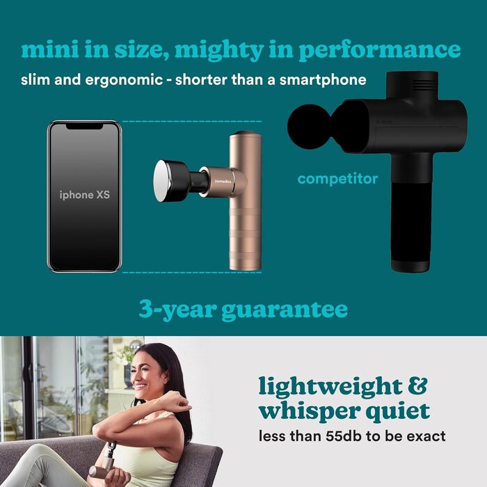 Електричний масажний пістолет Homedics MYTI Mini з функцією нагріву, 5 насадок, 4 режими вібрації, для розслаблення м'язів, компактний, рожево-мідний