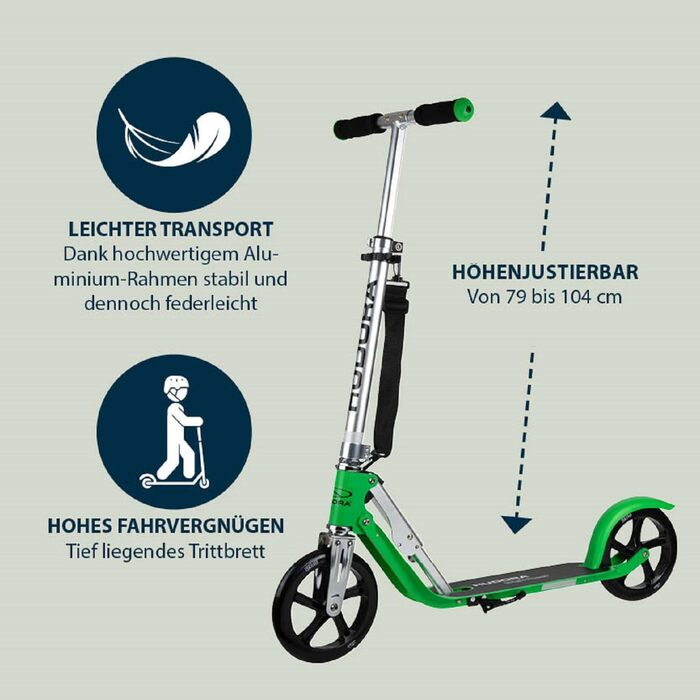 Самокат HUDORA BigWheel 205 для дітей і дорослих, складаний, регульована висота, до 100 кг, з тросовим замком і ременем для перенесення, для міста, від 6 років