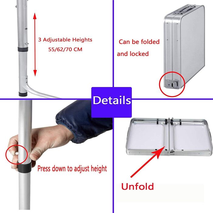 Складаний столик 60 см, портативний, для кемпінгу та пікніків, сад, на вулицю, регульована висота, алюмінієвий каркас, 60 x 45 x 25,9 см (Д x Ш x В)