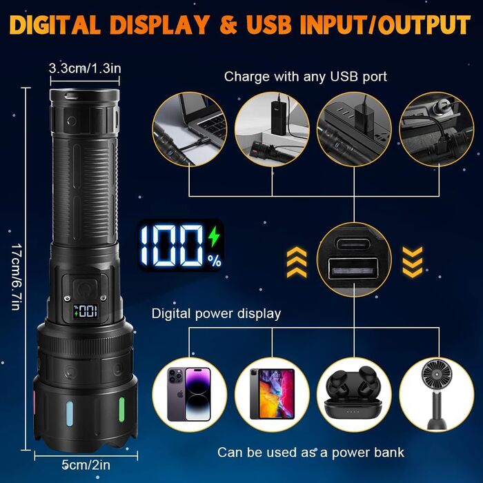 Ліхтар LED Vicloon, 500000 люмен, надпотужний, з регулюванням фокусу, 5 режимів, USB-C, водонепроникний IP53, для кемпінгу, туризму, надзвичайних ситуацій