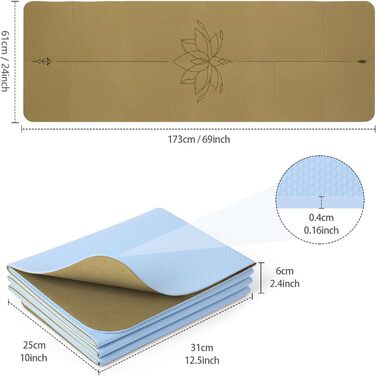 Йога мат Enssy для подорожей, складаний, компактний, 173 x 61 см, 0,4 см, з сумкою, легкий дизайн Pilates з корком, лотос, центр лінія 1