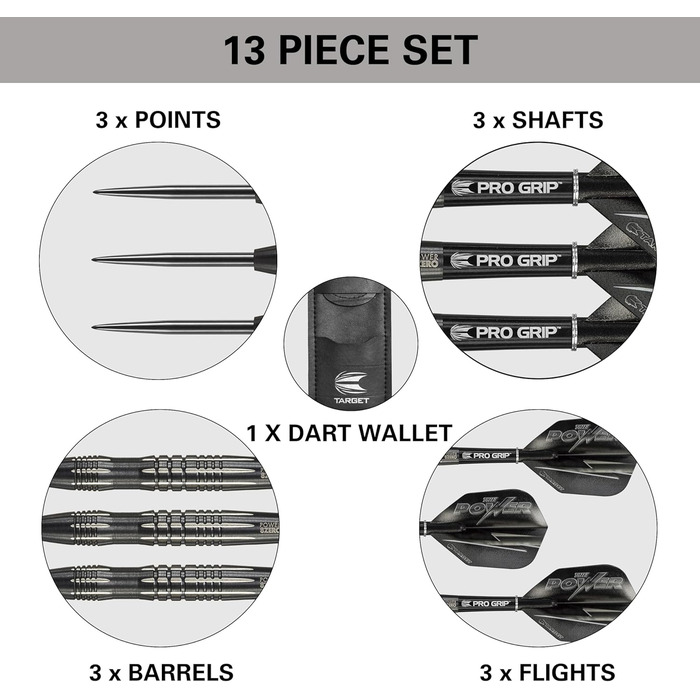 Дартси Target Phil Taylor Power 8-Zero 1, 80% вольфрам, 21/23/25 г, сталевий наконечник, чорні, з кейсом