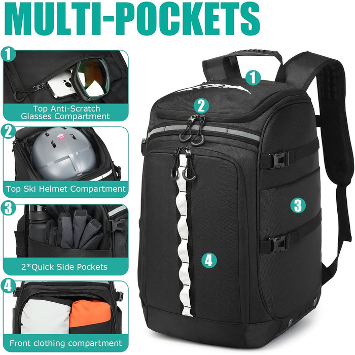 Чохол для лижних черевиків з відділенням для шолома, 65L, нейлон, рюкзак для лиж, роликів, ковзанів, чорний