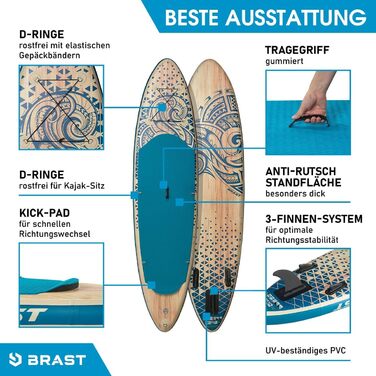 Надувна SUP дошка BRAST Retro 320x81x15 см, комплект для сапбордингу з веслом 2-в-1, сидінням для каяка, тримачем для екшн-камери, насосом, рюкзаком, 5 років гарантії