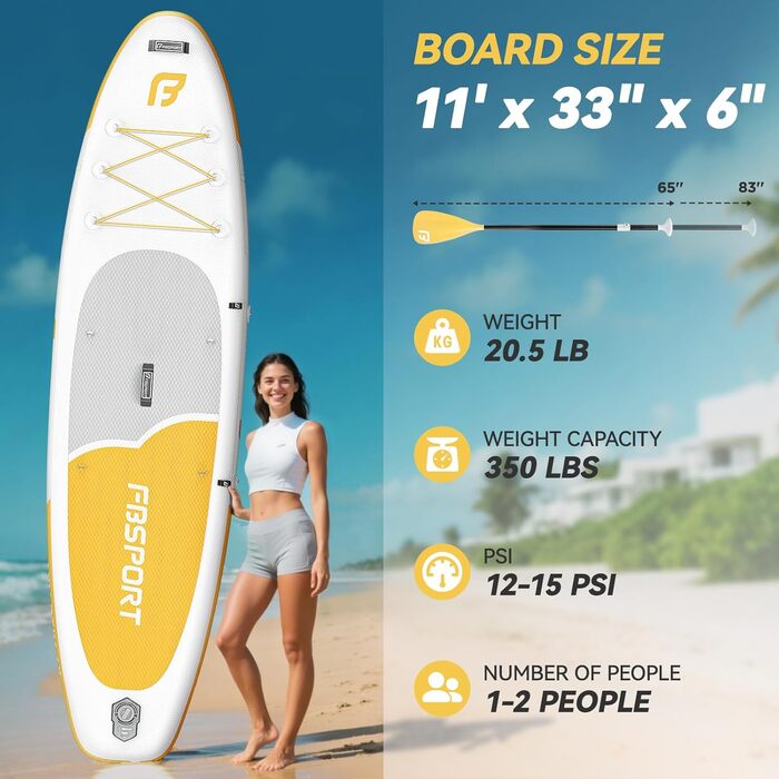 FBSPORT SUP дошка Stand Up Paddle 335см для дорослих, надувна, комплект з насосом та аксесуарами для йоги, серфінгу та подорожей (жовта)
