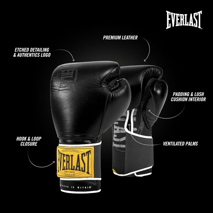 Боксерські рукавички Everlast 1910 Classic з натуральної шкіри, для тренувань з мішком та лапами, на липучці, потрійна амортизація, ергономічна ручка, оригінальні чорні Everlast 12OZ