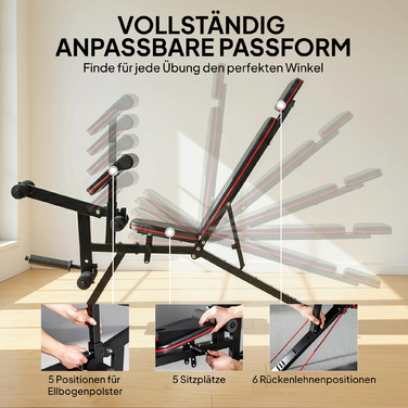 Регульована лава для жиму з вагою до 300 кг 3-в-1: лава для жиму, тренажер для ніг та пулт для згинання ніг. Оснащена роликами, підголівником та еластичними стрічками опору.