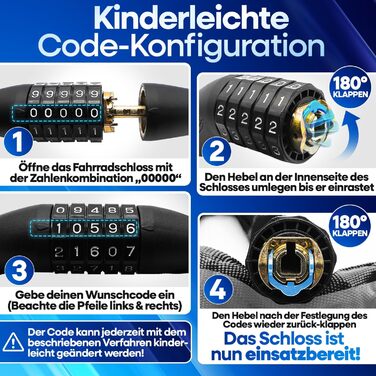 NEXTCOVER® Замки для велосипедів LockPro з кодовим замком - Оригінал - [SAFESECURE] Високий рівень безпеки | 5-значний код, сталевий замок для велосипеда | Замок для електровелосипеда | Кетловий замок (відбиваючий)