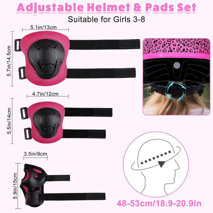 Дитячий шолом та набір захисту: шолом з LED, наколінники та налокітники для велосипеда та скейтборда (рожевий, 3-8 років)