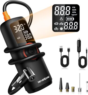 Електрична велосипедна помпа NEVERLAND, портативний акумуляторний компресор 150 PSI з USB, цифровим дисплеєм, 4 режими для авто, велосипедів і м'ячів