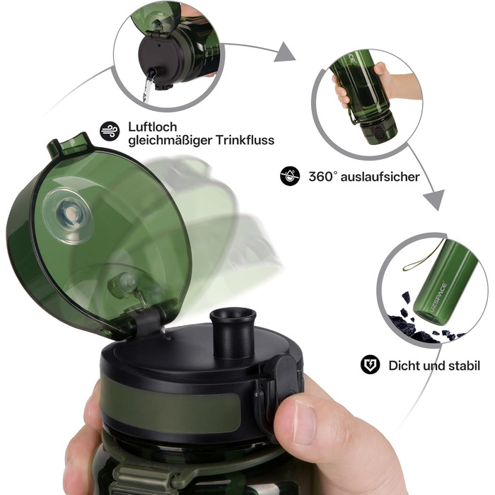 Водяна пляшка UZSPACE Tritan 950 мл: без BPA, не протікає, для спорту та активного відпочинку (зелена)