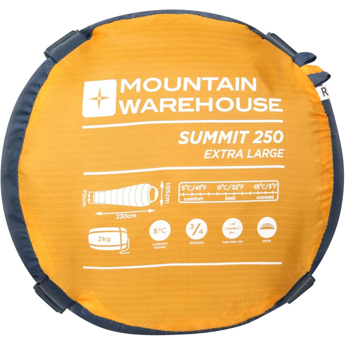 Спальний мішок Mountain Warehouse Summit 250 - 3/4 сезону, ізольований, мумієподібний, 22x40 см у складеному стані. Підходить для осені, кемпінгу та трекінгу. Застібка-блискавка справа, довжина 215 см (Жовтий, XL)