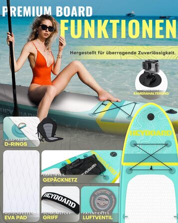 Надувна SUP-дошка HEYBOARD 320x81x15 см з веслом, насосом, рюкзаком та лішем для сап-серфінгу та водного спорту, фібергласове весло