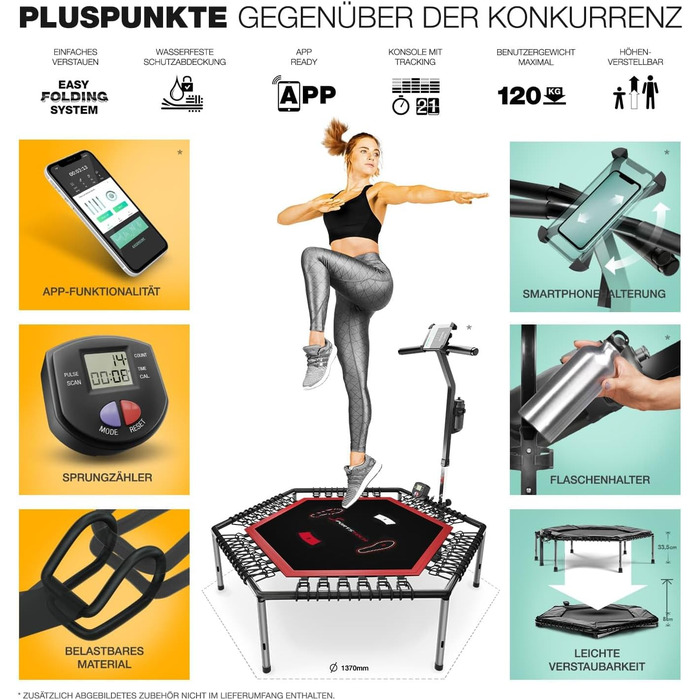 Трамплін Sportstech HTX100, складний | Німецька якість | Фітнес-трамплін з ручкою | Для дітей та дорослих | ТУВ/GS, лічильник стрибків, APP HTX100 -05