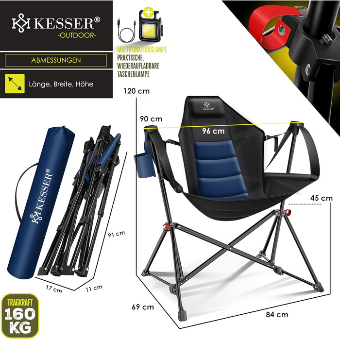 Крісло для кемпінгу KESSER® зі спинкою, 160 кг, з підсвіткою та тримачем для напоїв | Розкладне крісло-гойдалка для риболовлі, пляжу, відпочинку, хакі (темно-синій/чорний)