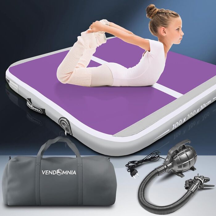 Надувна гімнастична килимок VENDOMNIA Airtrack Matte з електричним насосом та сумкою, 10/20 см заввишки, довжина 1/2/3/4/5/6/7/8 м, для гімнастики, акробатики, фітнесу, йоги, колір Richlavender-Grey