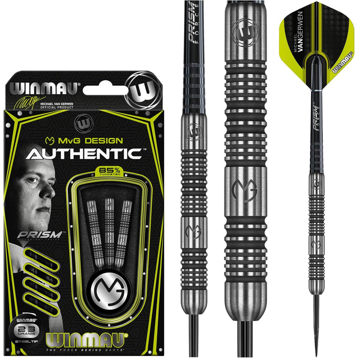Дартс набір WINMAU Michael Van Gerwen MvG, вольфрамові, сталевий наконечник, з призматичними крилами та шафтами
