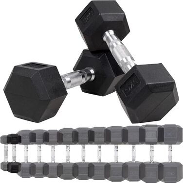 Гантелі шестигранні Miweba Sports HGH100, 2,5-30 кг, пара, гантельний набір, гантелі з литого чавуну, ергономічна ручка, вага 5 кг, професійні короткі гантелі