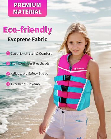 Owntop Плавальна жилетка для дітей та підлітків, регульована, з трьохточковим ременем безпеки, легка, для каякінгу, плавання, риболовлі, снорклінгу (Рожева, M)