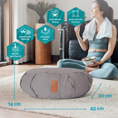 Подушка для медитації Zafu «Ganesh» DoYourYoga у формі півмісяця з органічним гречаним зерном, темно-сіра, 45x30x14 см