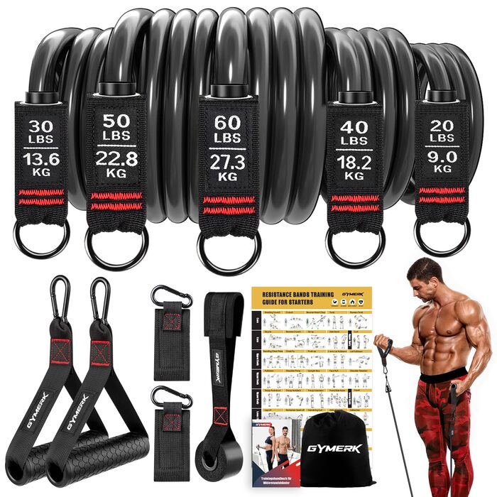 Набір еластичних стрічок для фітнесу з гумовими ручками, плакат з вправами, манжети на щиколотки, дверний анкер, сумка, 5 рівнів опору, 200LBS, чорний
