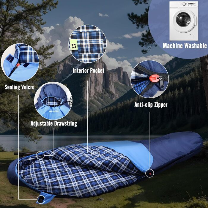 Спальний мішок WKFAMOUT Mumienschlafsack Outdoor -12°C-0°C [500GSM] з фланелі для кемпінгу та подорожей. Підходить для дорослих та дітей. Зручний, теплий, машинне прання.