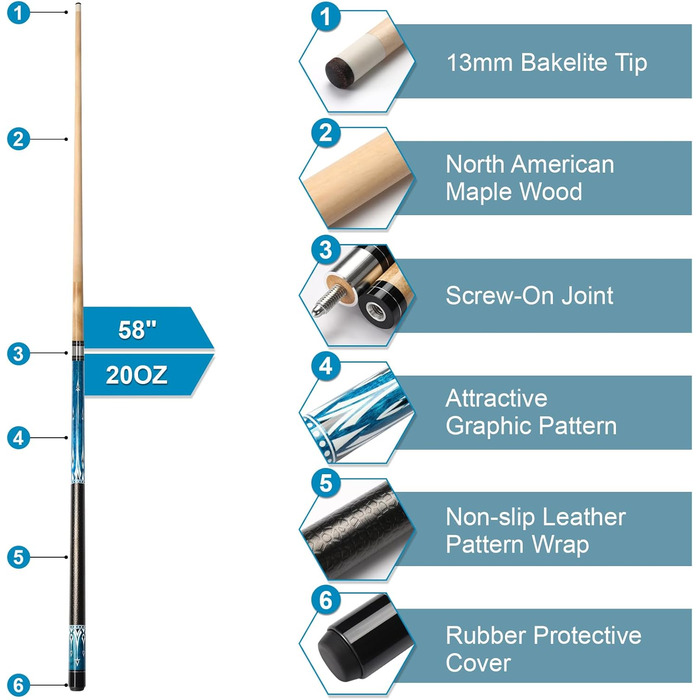 Більярдний кий Pool Queue 58 дюймів з канадського клена, 13 мм наконечник, для професійних гравців, 1/2 кленові кийки, для більярдного столу, 18oz (блакитний 20oz)