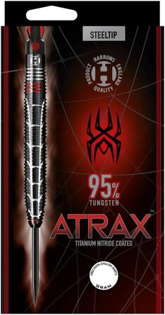 Дротики Harrows Atrax 95% вольфрамові зі сталевим наконечником, набір для дартсу 21–26 г, карбонові ST-шафти, 100 мікрон Atrax Red оперення