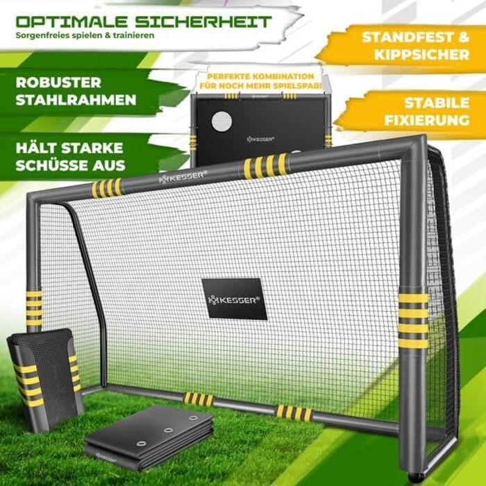 Ворота для футболу KESSER® для саду: міцні, для тренувань, з UV-стійкою сіткою, сталевий каркас з підкладкою, земляні анкери, повітряний насос, фішки, монтажні аксесуари для дітей та дорослих 180 см - з ворітною рамою антрацитового кольору