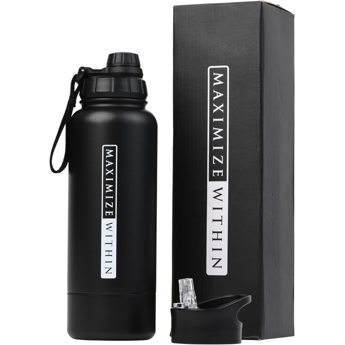 Термос-пляшка з нержавіючої сталі, вакуумна ізоляція, потрійна стінка, з подвійним кришками (соломинка та виливний носик) + приховане відділення для зберігання, без витоку, багаторазове використання, чорна туристична термопляшка