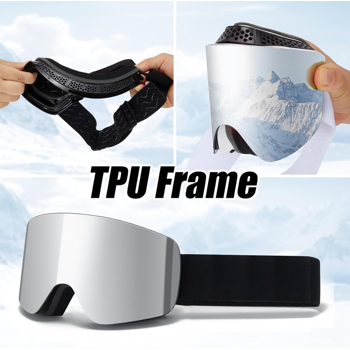 Гірськолижні маски VCOROS OTG для унісекс, YH227 - сноуборд маска з антиковзним ремінцем, захистом від УФ та запобіганням запотіванню, регульовані, срільно-білі (VLT13%)