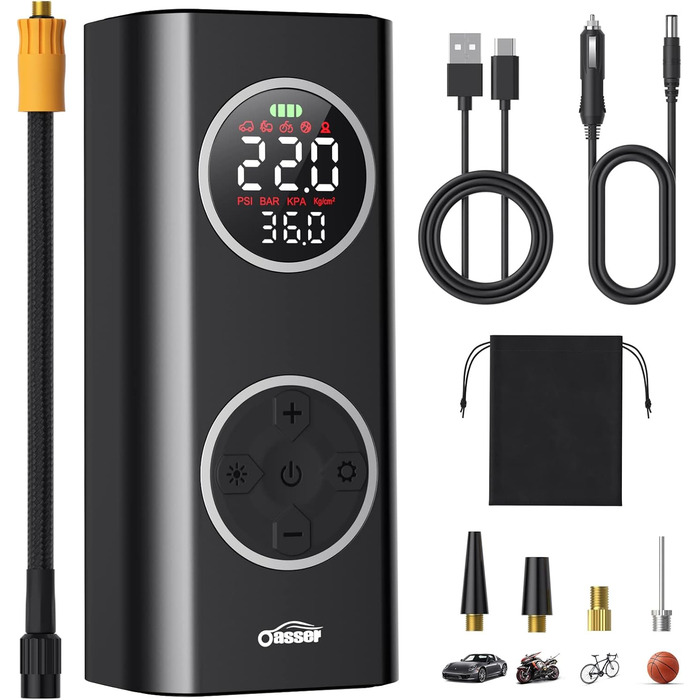 Електричний повітряний компресор Oasser 12В 150PSI, акумулятор 6000 мА·год, USB Type-C, LCD-дисплей, для авто, мотоциклів, велосипедів, м'ячів