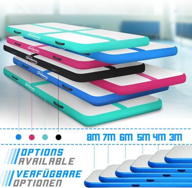 Physionics® Air Matte Track - надувна гімнастична/тренувальна матка з електропомпою, 800x100x10 см (3/4/5/6/7/8 м), блакитна
