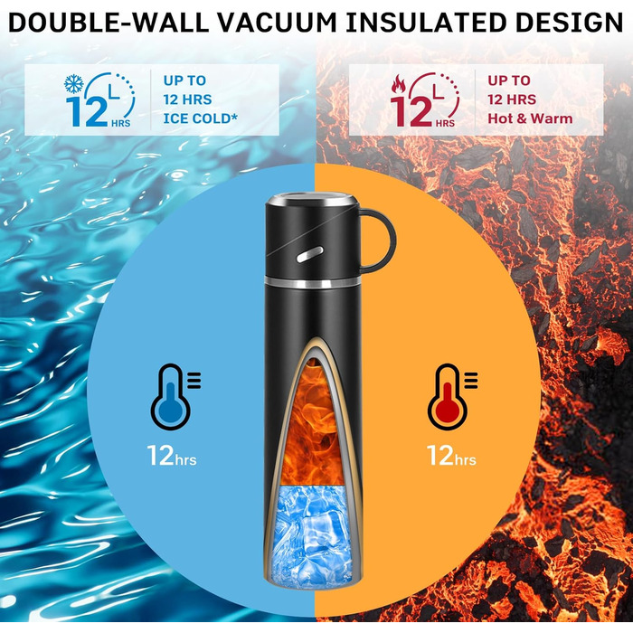 Термос IAGORYUE з нержавіючої сталі, 0.55л, з витокозахисним кришкою та ручкою, двостінний, зберігає тепло/холод до 12 годин, для спорту, офісу, відпочинку на природі, чорний