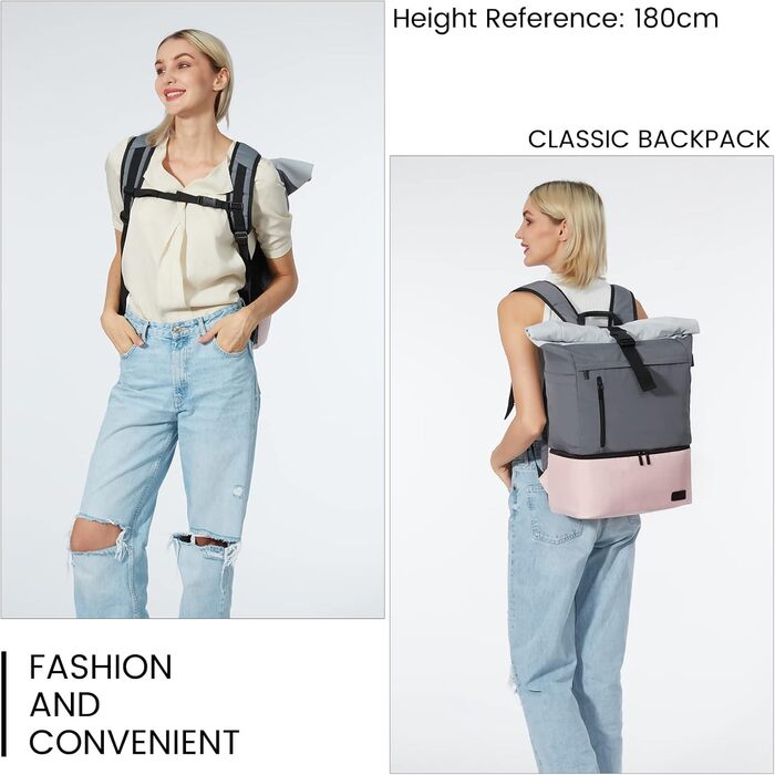 Жіночий водонепроникний рюкзак LOVEVOOK Rolltop з відділенням для взуття та ноутбука 17 дюймів, для подорожей, школи, спорту, сіро-рожевий