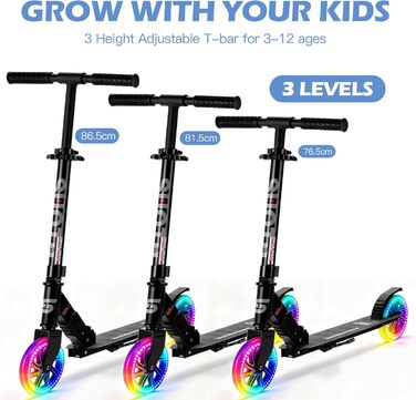 Самокат дитячий SUOTU з колесами 145 мм, до 100 кг, світлодіодами, складаний, регульована висота, для хлопчиків та дівчаток, алюмінієвий, чорний