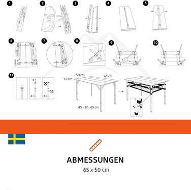 Зручний складаний садовий/кемпінговий столик Campout з бамбуковою полицею (65x50x65 см), 3 положення висоти, з сумкою
