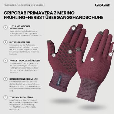 Велосипедні рукавички GripGrab Primavera 2 Merino з термоматеріалом та сенсорним екраном, XL/XXL, темно-червоні