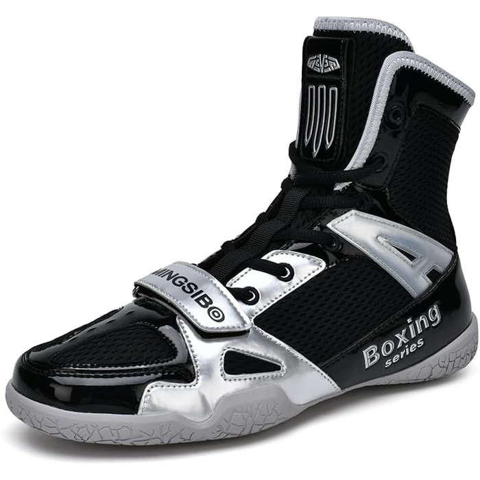 Боксерські кросівки для чоловіків та жінок, дитячі, для занять індоор-фітнесом, бойові кросівки, антиковзаючі та дихаючі хай-топ боксерські кросівки, розмір 47 EU, чорний/сріблястий