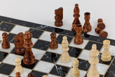 Класична шахова дошка з дерева HBS GAMES, 37 см, чорний мармур, ручна робота, набір шахи та шашки, сімейна настільна гра