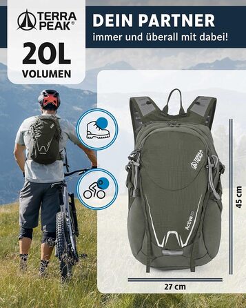 Туристичний рюкзак 20 л Wanderrucksack Active 20 Premium, з вентильованою спинкою, дощовиком та кріпленням для питної системи, з дихаючої сітки 3D Air Mesh, з поясним ременем, оливковий