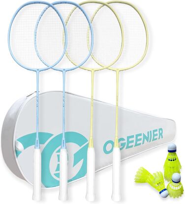 Набір для бадмінтону OGEENIER: 4 ракетки, 6 воланів, сумка, блакитний+жовтий, 3 1/4 дюйма