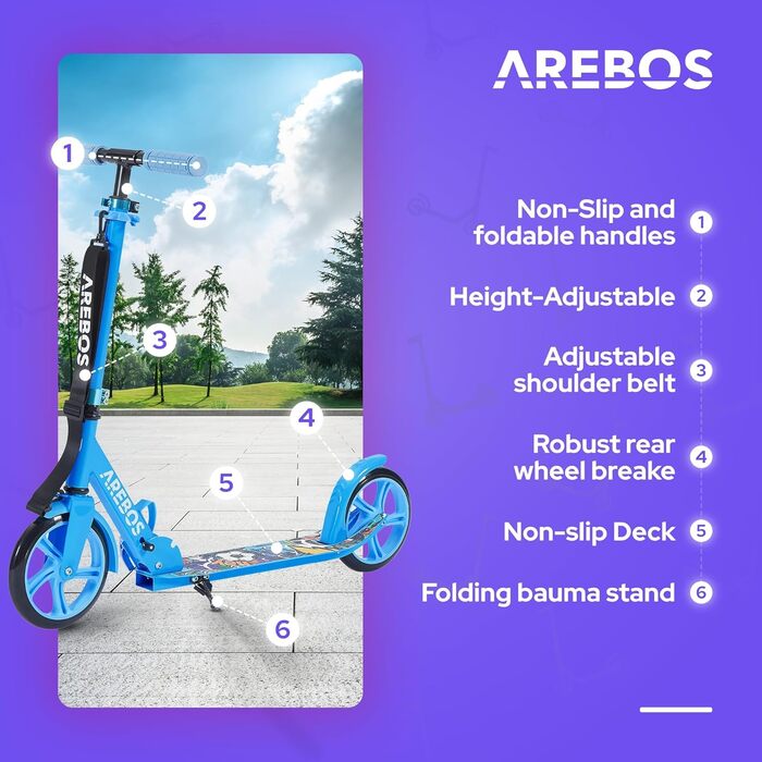 Самокат Arebos міський, складаний, з регульованим кермом, XXL колеса, до 100 кг, для дітей і дорослих, ремінь для перенесення